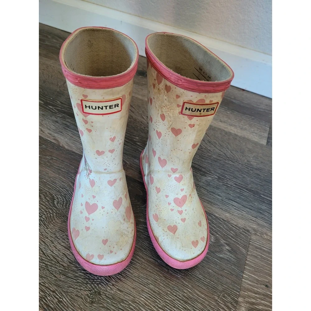 Hunter Kids First Classic Heart Print Rain Boots Pink Cream Toddler US 10 #6